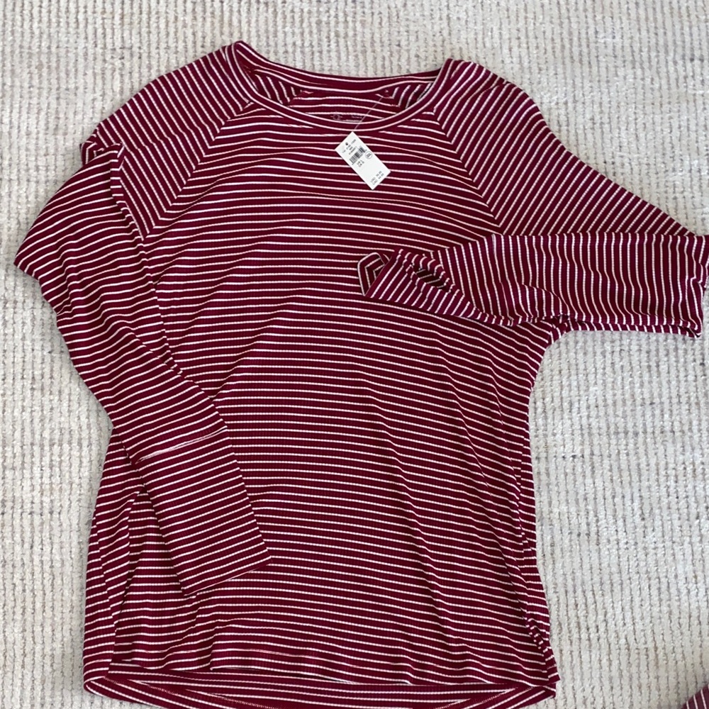 Aerie Striped Raglan Long Sleeve Shirt in Cherry Tart NEW
